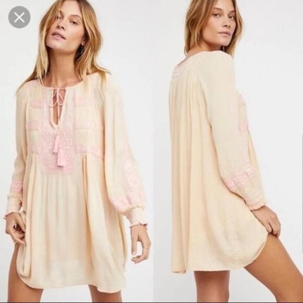 Free People Peach Pink Sunset Park Embroidered Tunic Top Dress Size Small